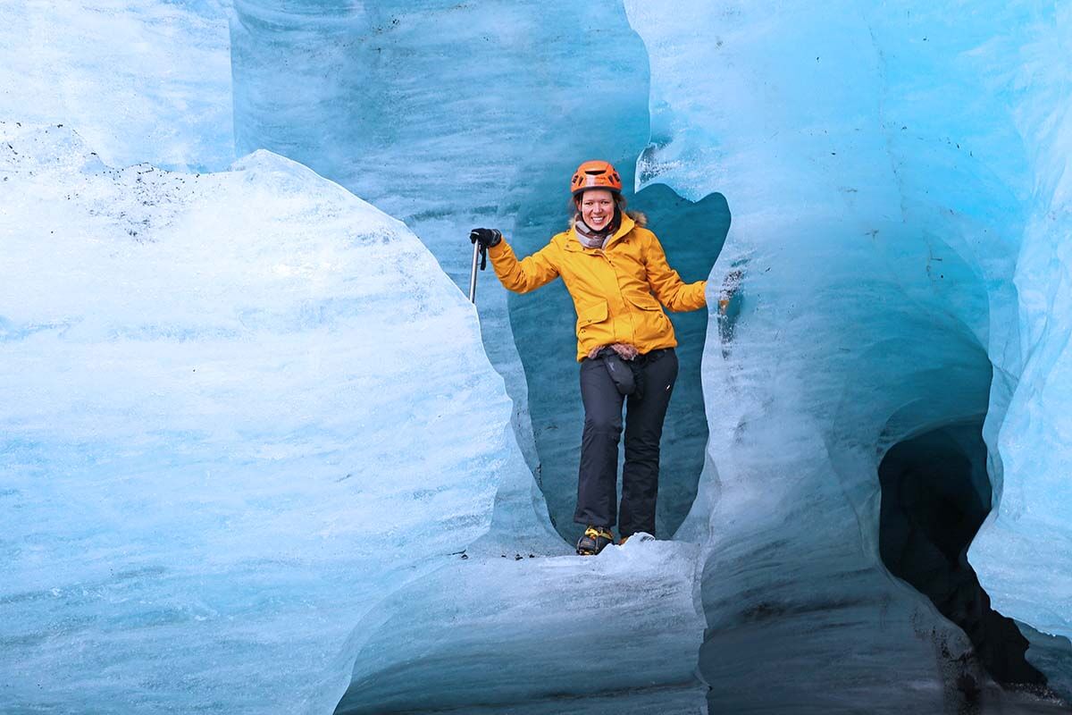 Standing inside a glacier in Iceland in winter
