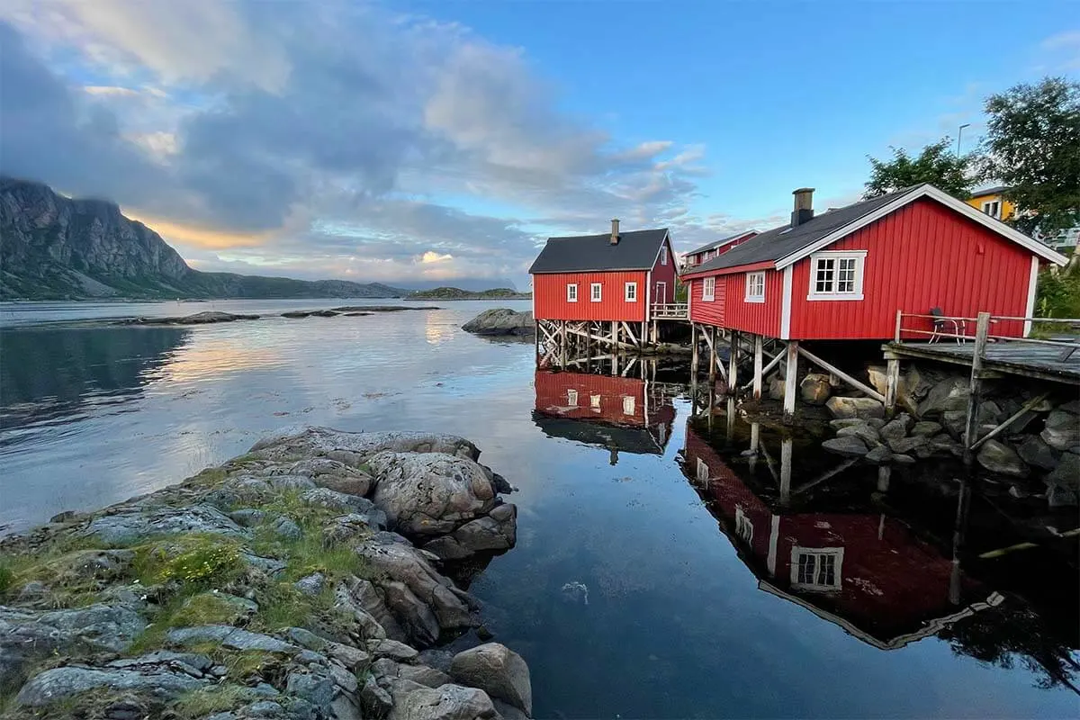Traditional red fishermen's rorbuer cabins in Lofoten Norway