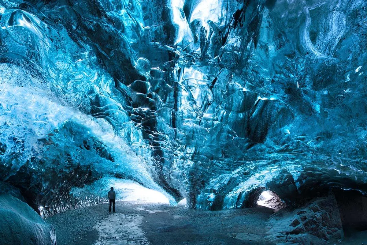 Visiting a natural ice cave in Iceland in winter