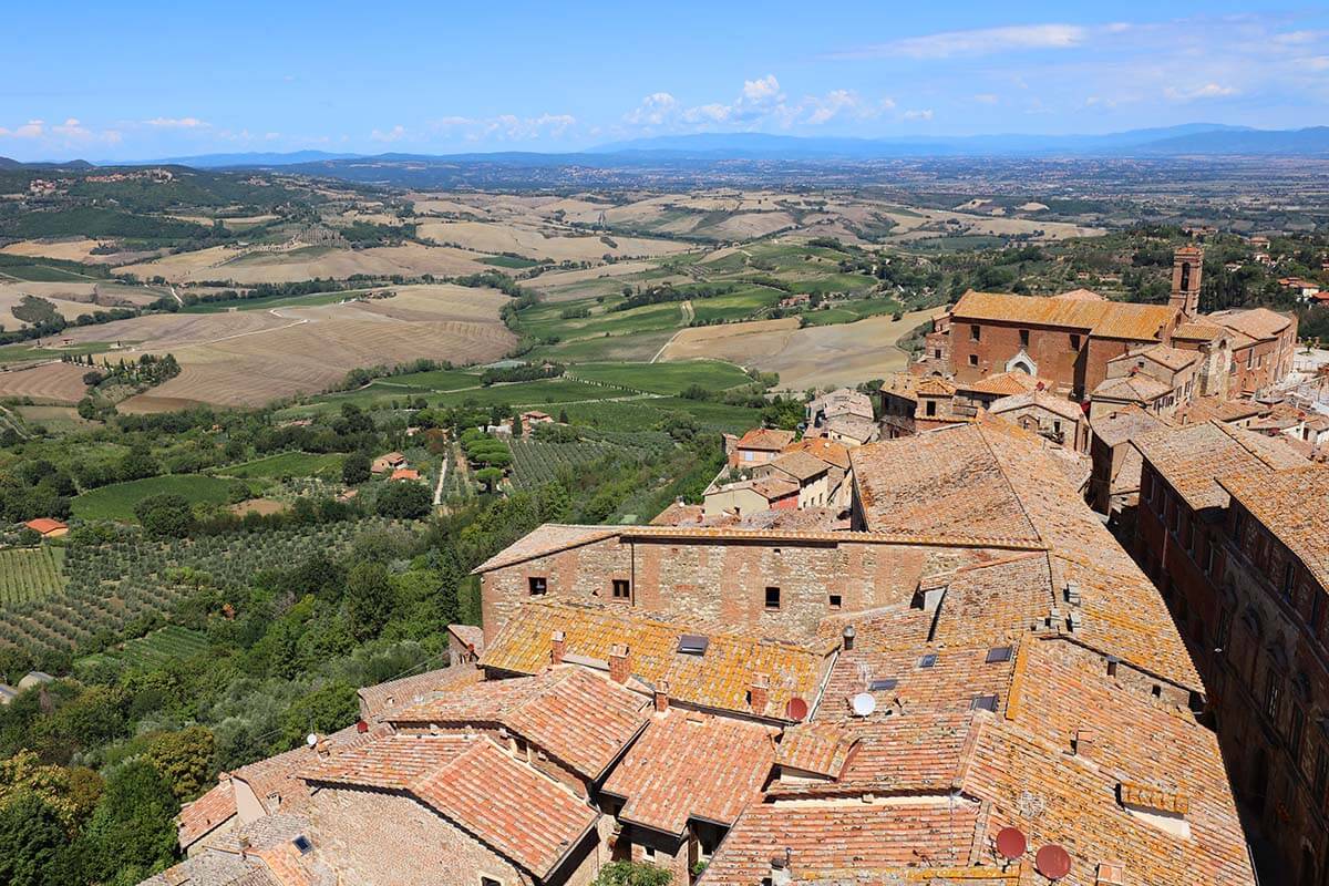 Montepulciano and Tuscan countryside aerial view from the Town Hall bell tower