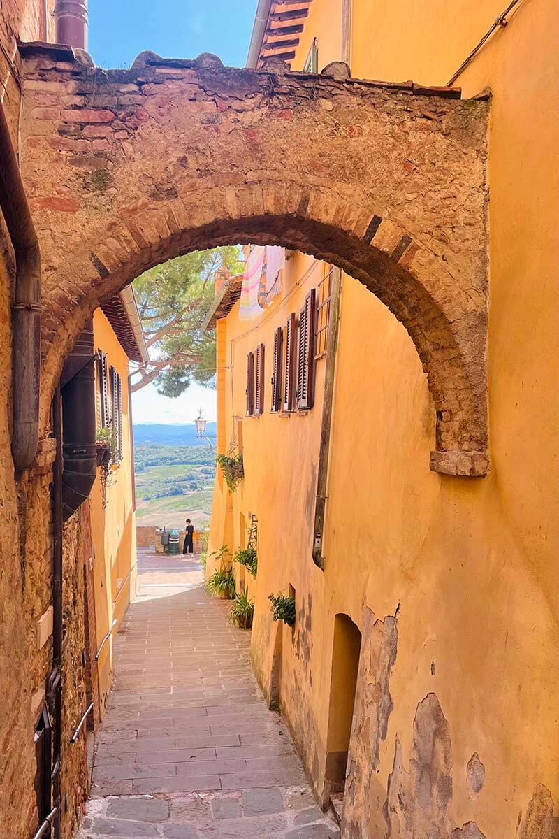 Narrow streets in historic old town of Montepulciano in Tuscany Italy