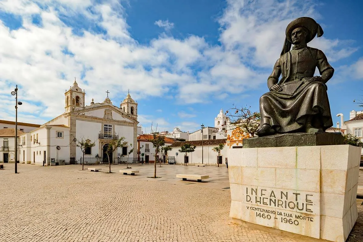 Plaza Infante Dom Henrique with Igreja Santa Maria de Lagos in Lagos town Portugal