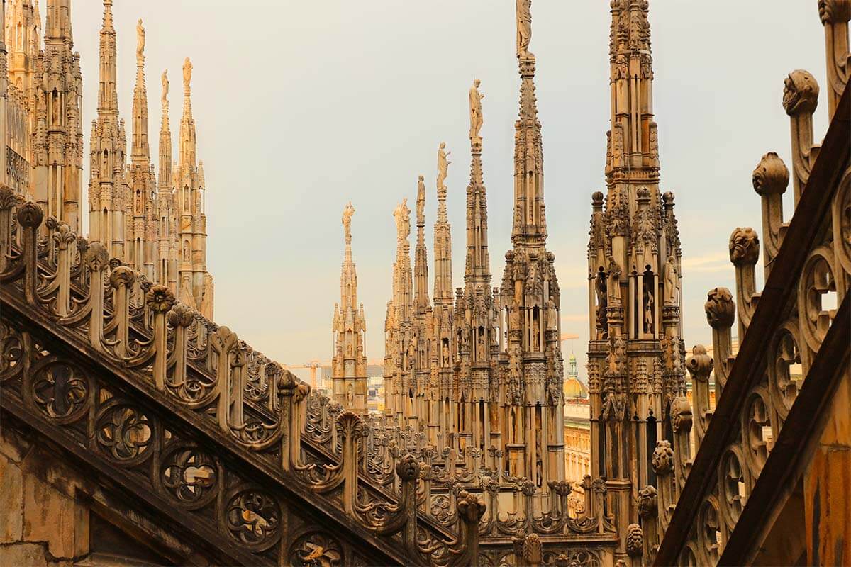Rooftop terrace and spires of Milan Cathedral in Italy