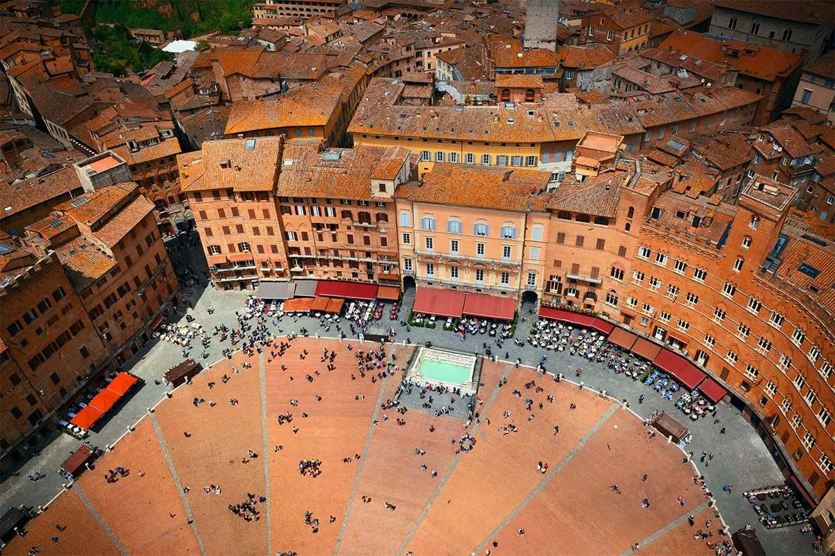 Siena Piazza del Campo high angle view from Mangia Tower