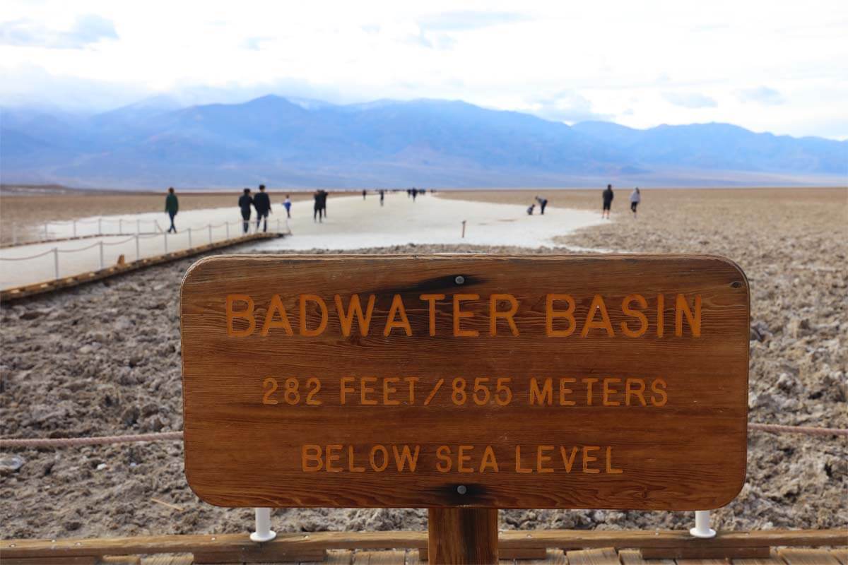Badwater Basin - lowest elevation sign in Death Valley National Park USA