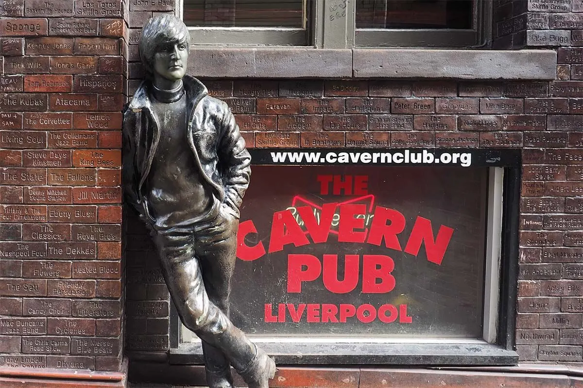 John Lennon statue at the Cavern Pub and the Wall of Fame on Mathew Street in Liverpool