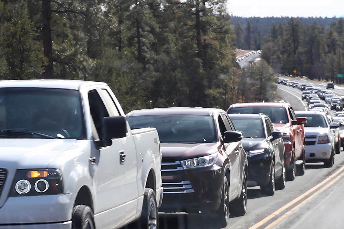 Long line of cars at the Grand Canyon entrance at Christmas