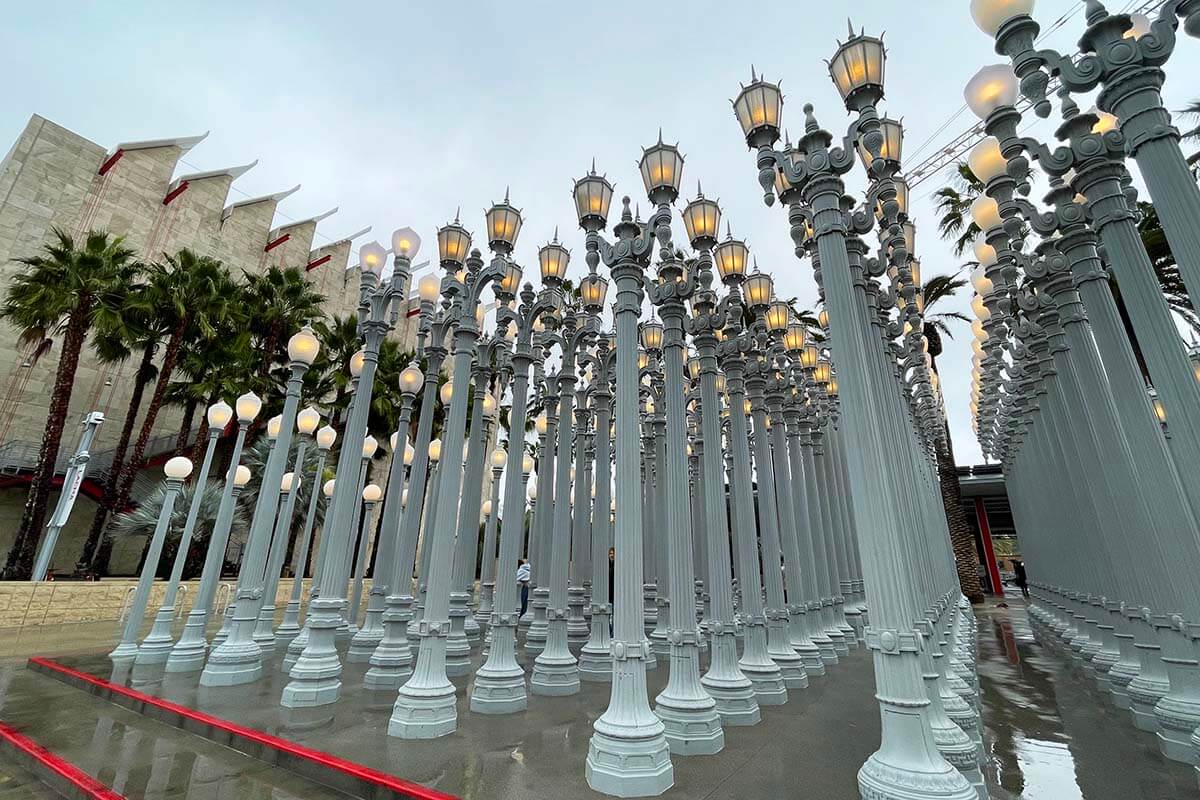 Public Art sculpture Urban Light at Los Angeles County Museum of Art