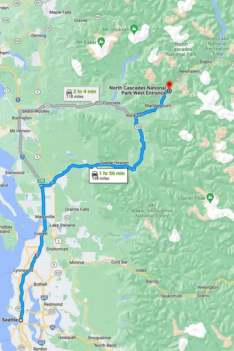 Seattle to North Cascades National Park driving directions on the map