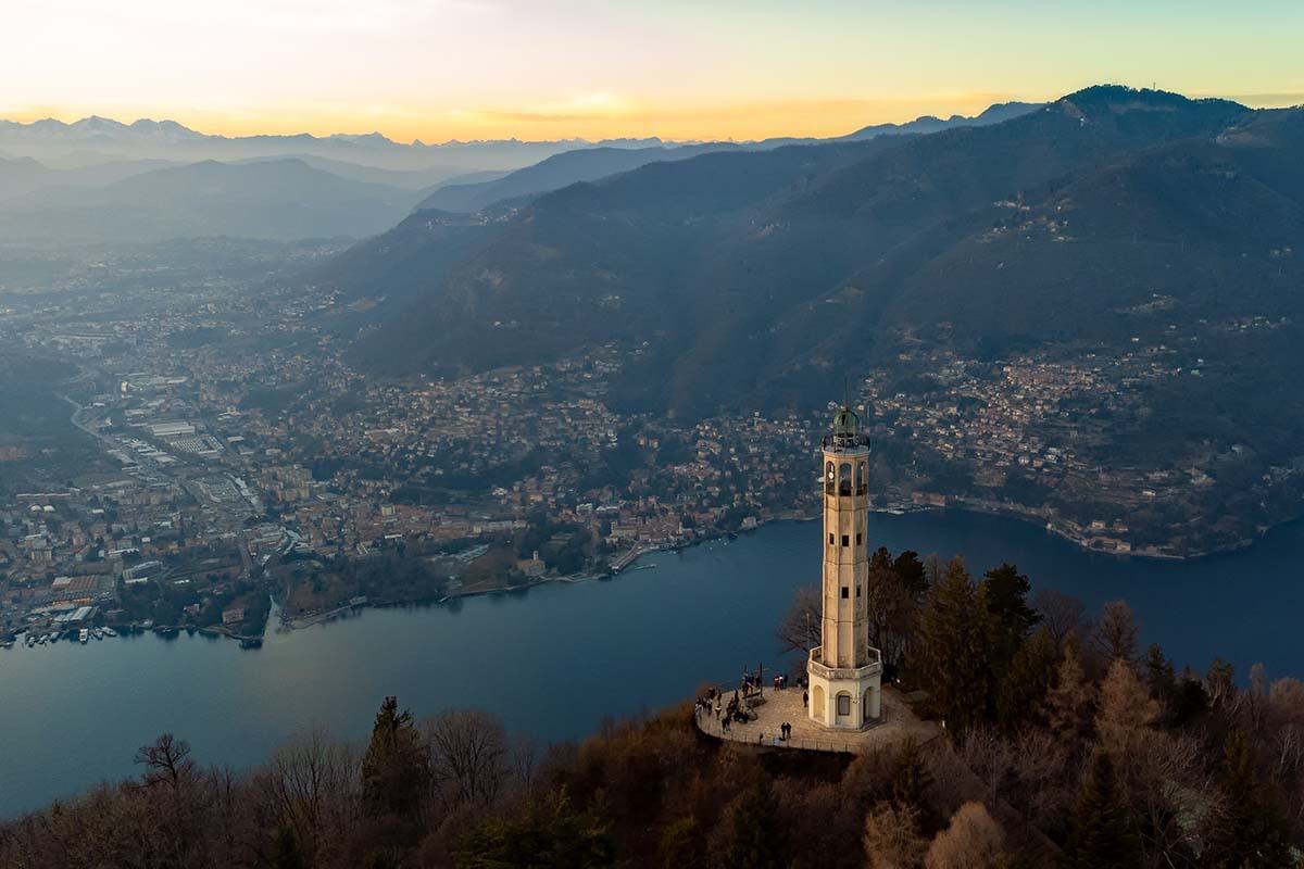 Volta Lighthouse (Faro Voltiano) and Lake Como aerial view - Como, Italy