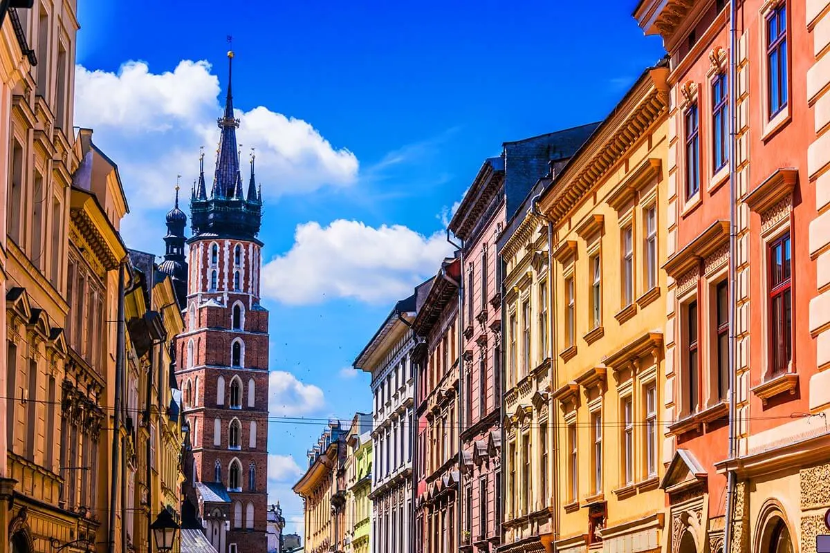 Colorful buildings on Florianska street in Krakow old town