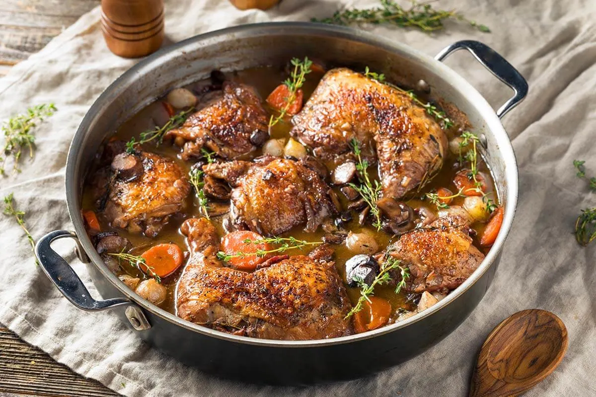 Coq au vin traditional dish in France