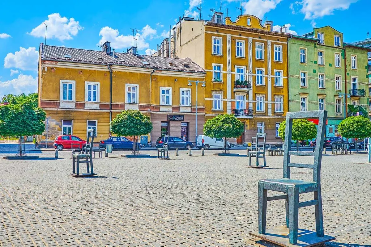 Empty chairs on Ghetto Heroes Square in the Jewish Neighborhood in Krakow Poland
