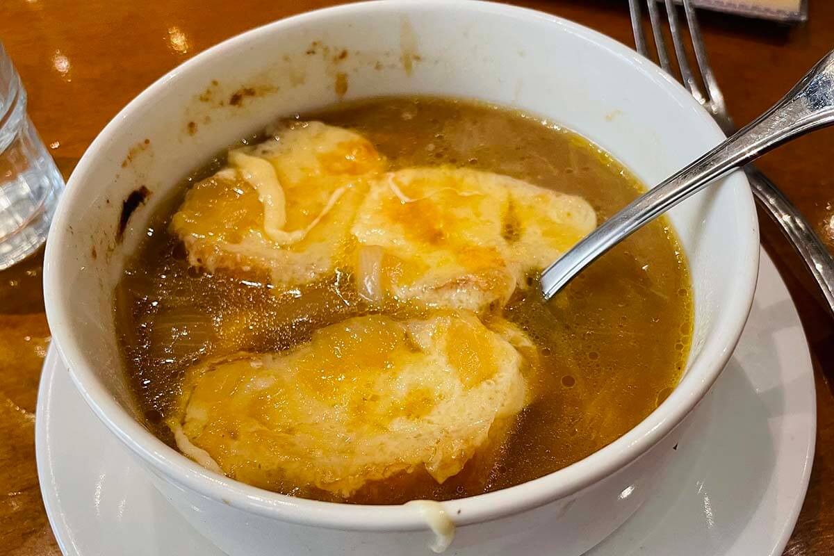French onion soup at a restaurant in Paris, France