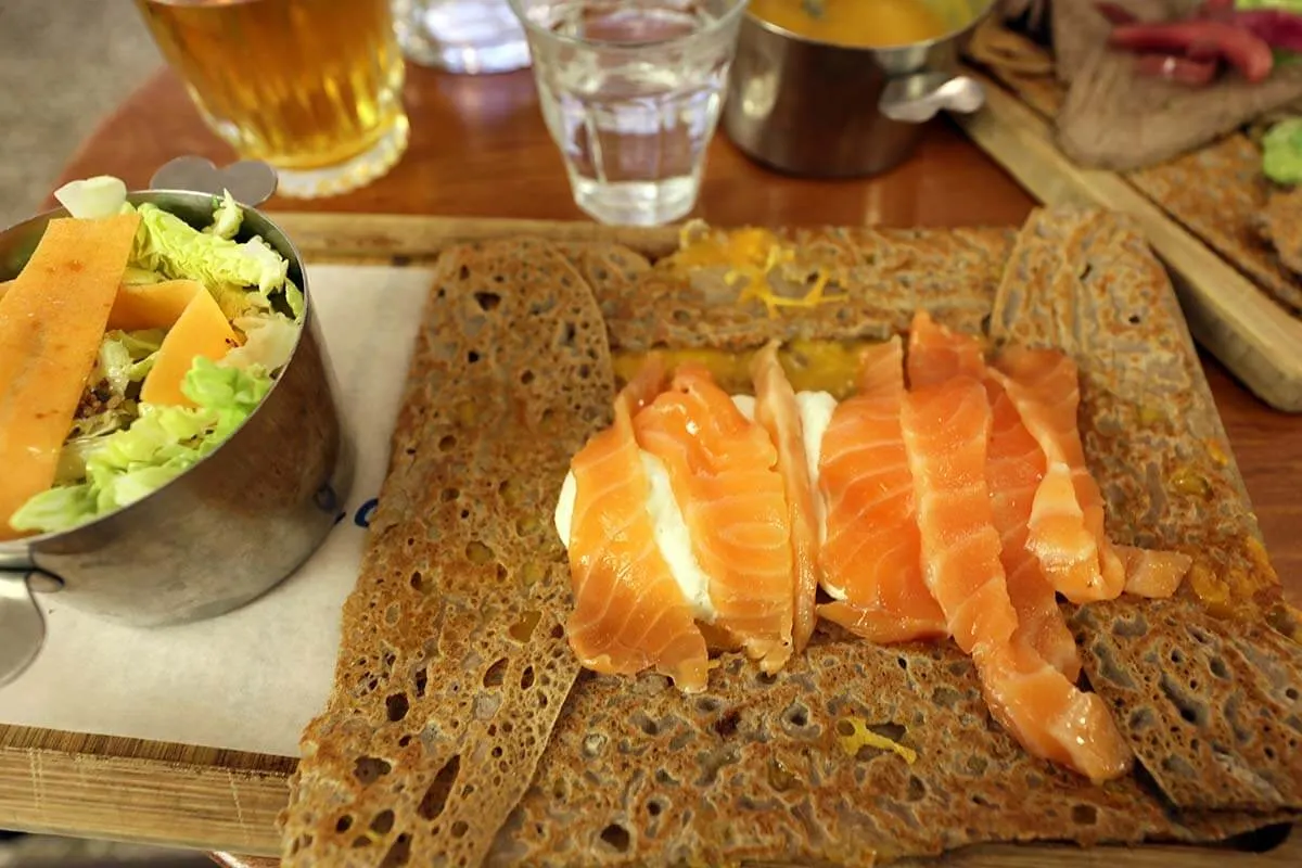 Salmon galettes at a restaurant in Paris - French food