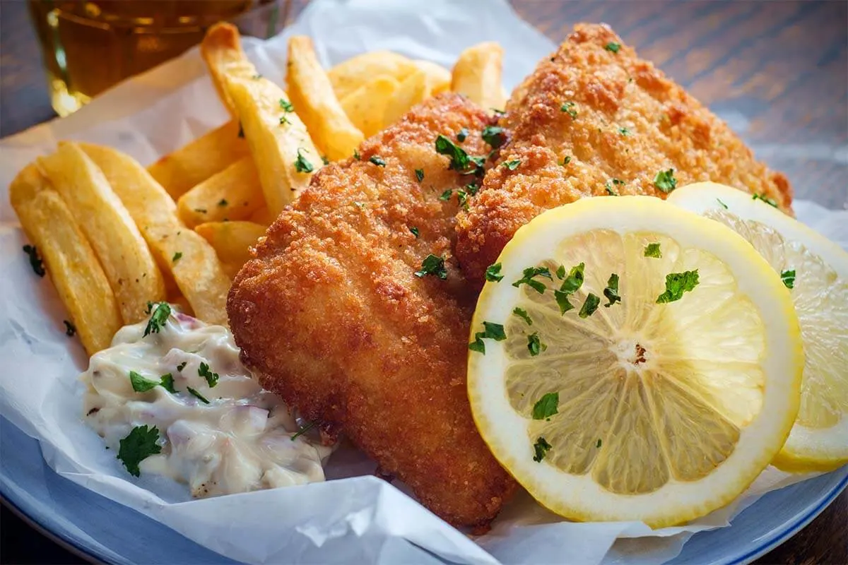 Fish and chips at a pub in London