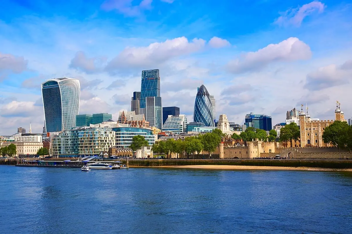 London City financial district and London Tower as seen from the South Bank