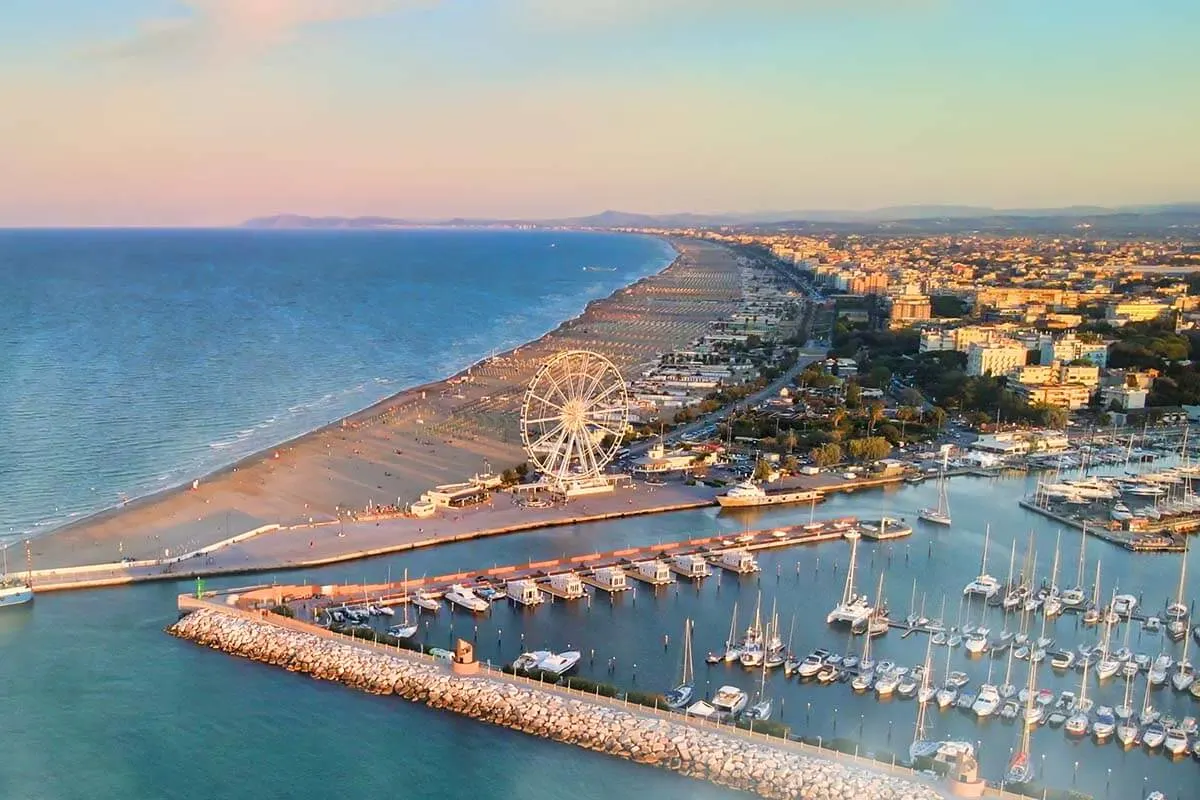 Rimini beaches and ferris wheel aerial view