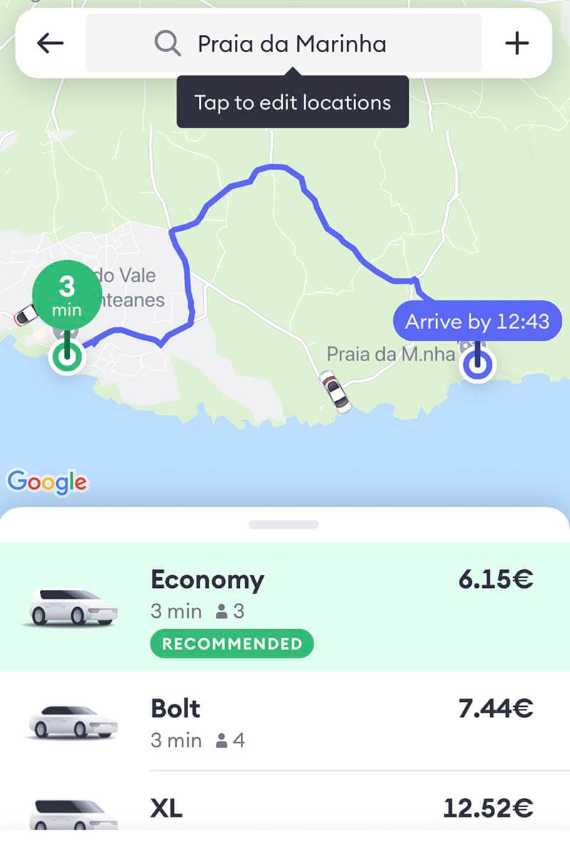 Screenshot of Bolt taxi service prices between Praia do Vale de Centeanes and Praia da Marinha (Seven Hanging Valleys Trail)