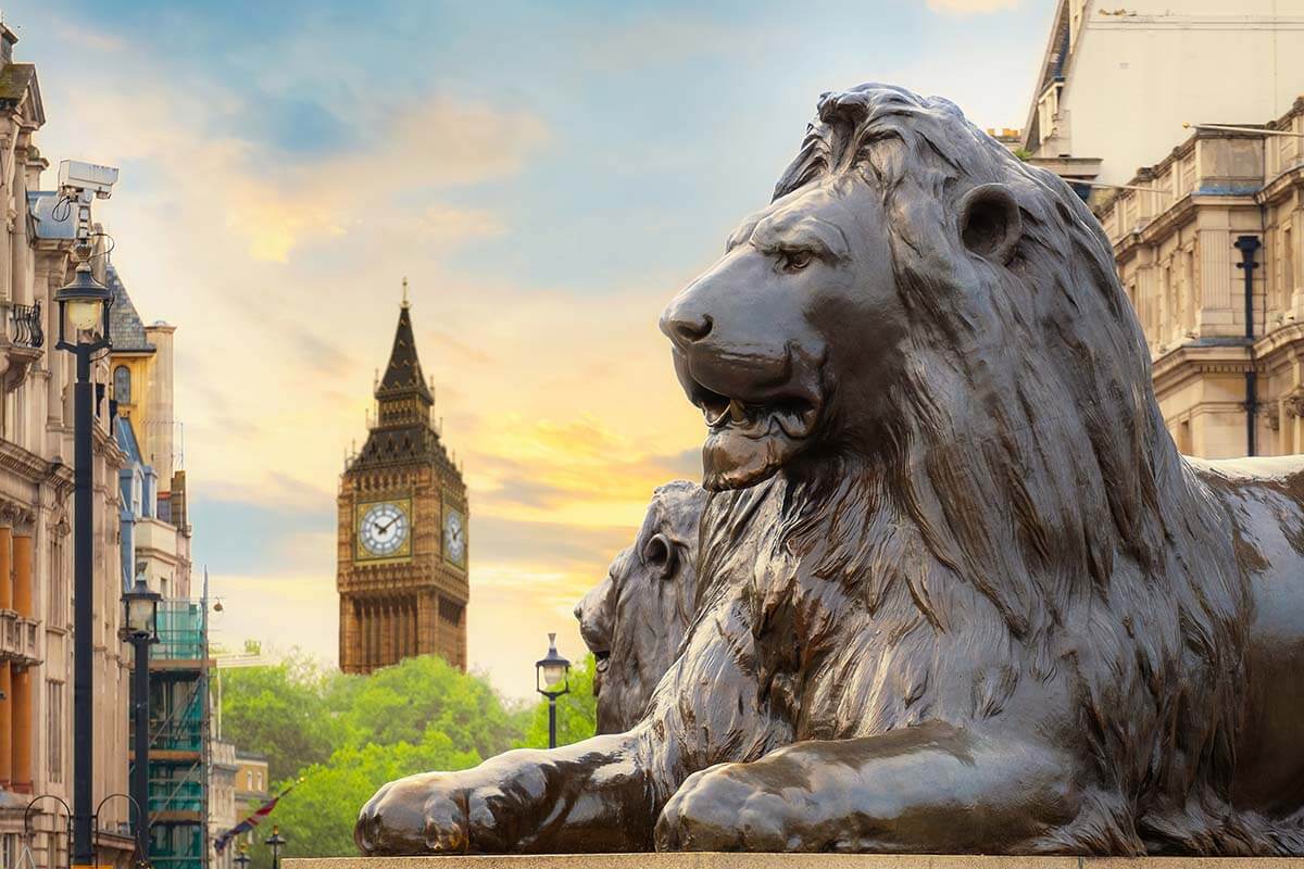 Trafalgar Square Lion and Big Ben, London, UK