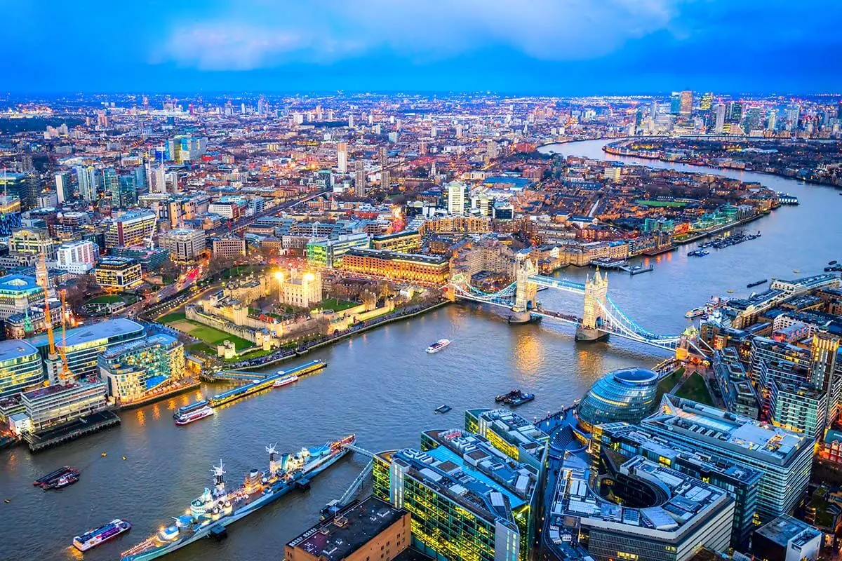 Twilight view from the Shard tower in London