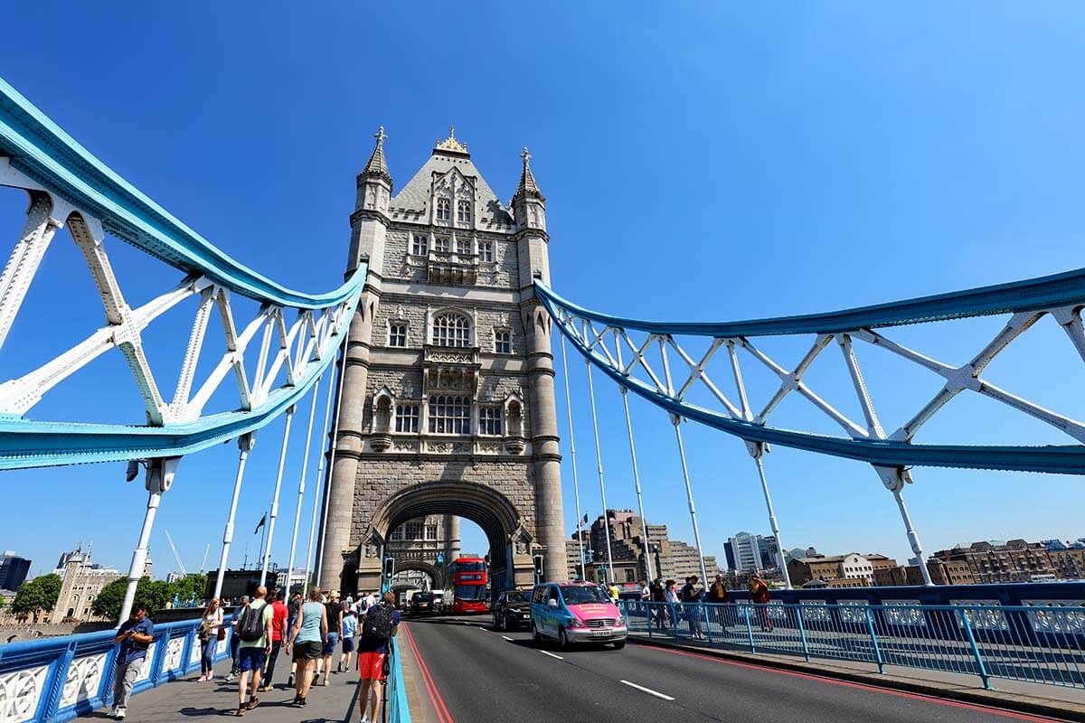Walking over Tower Bridge in London UK