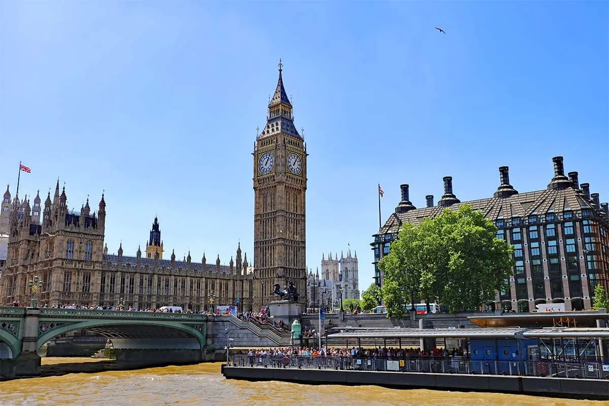 Westminster Pier and Big Ben Tower in London