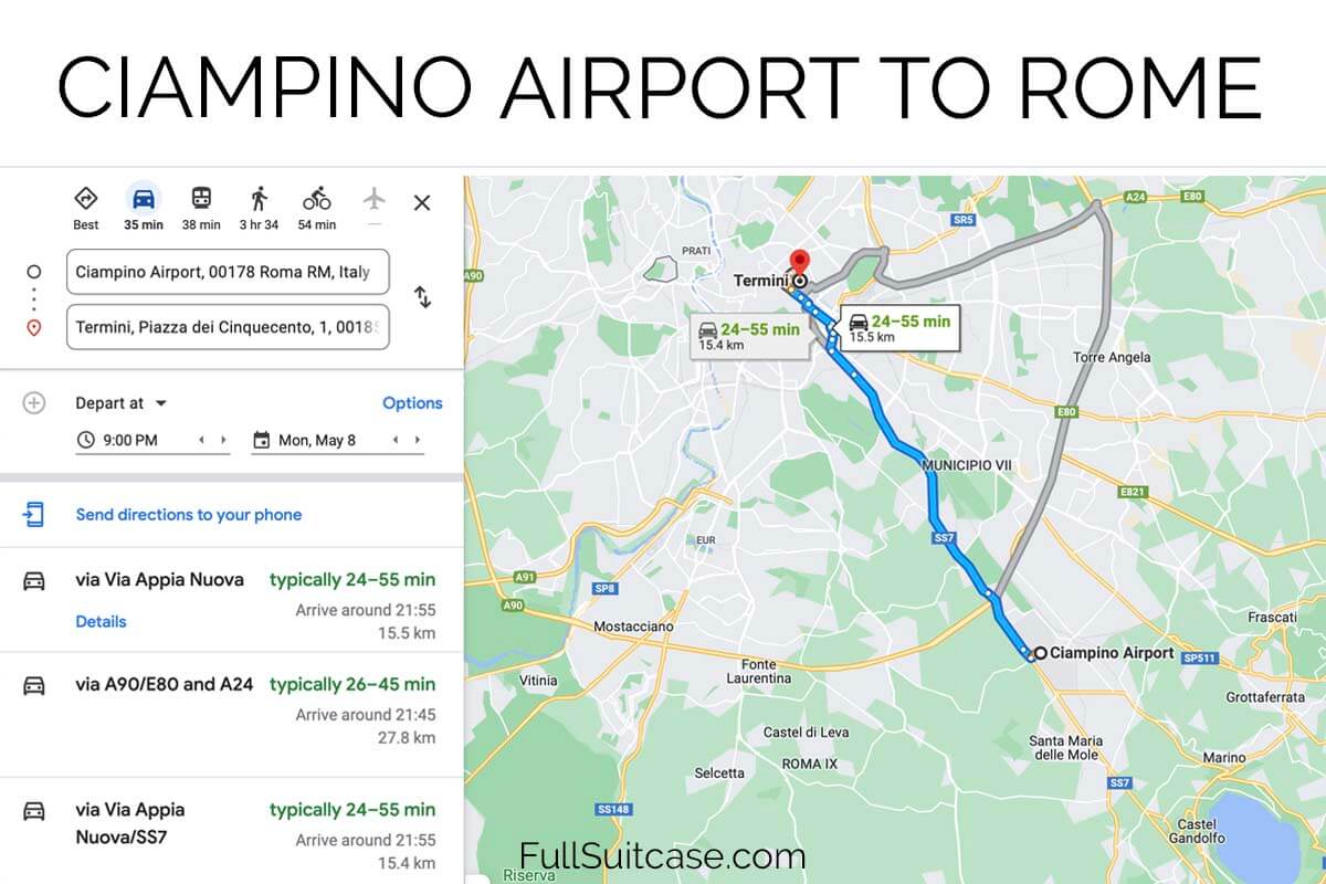 Ciampino Airport to Rome driving map and times