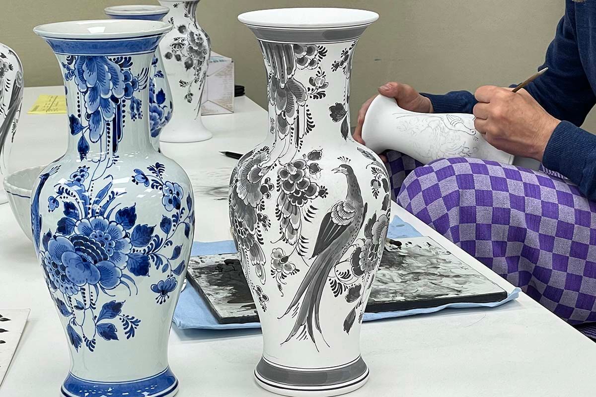 Delft Blue porcelain vases at the Porceleyne Fles factory in Delft, The Netherlands