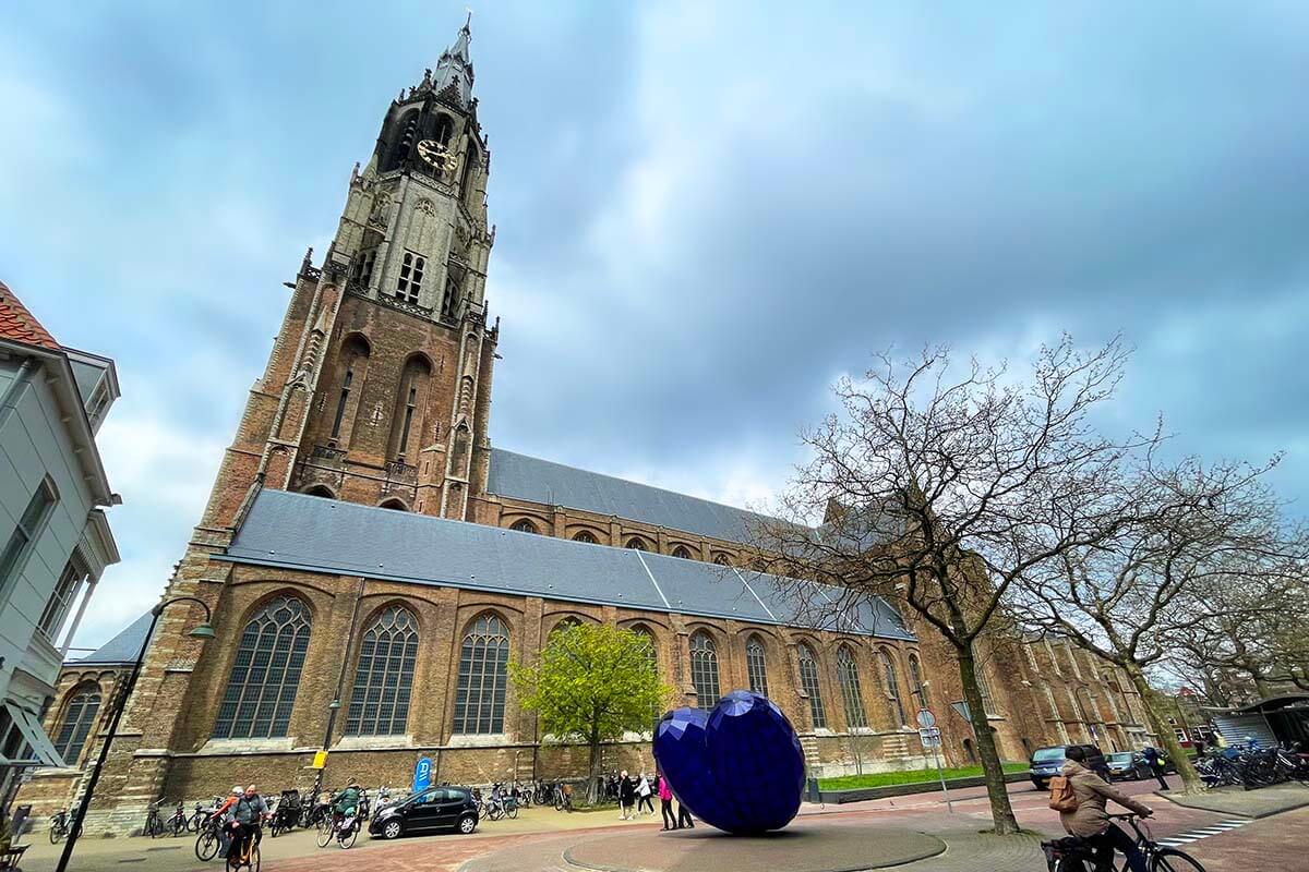 Delft New Church and Blue Heart sculpture in the old town