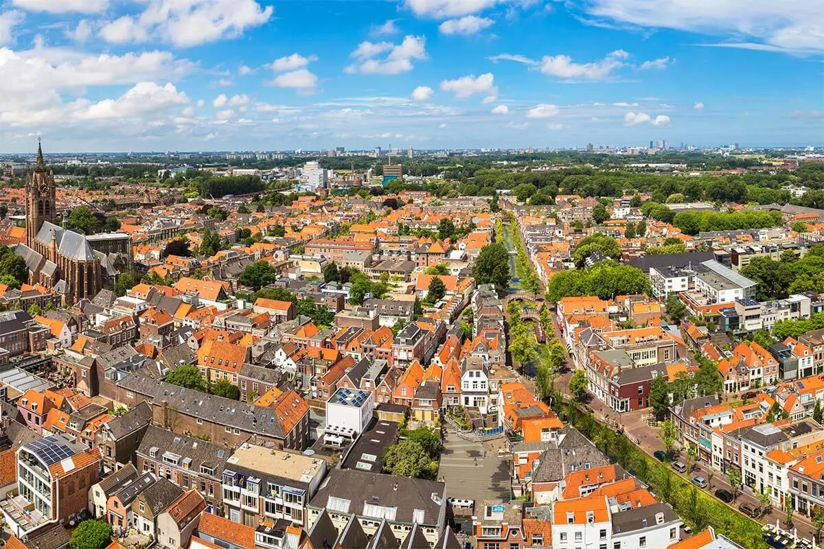 Delft city aerial view from New Church Tower