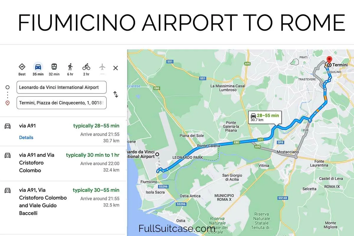 Fiumicino airport to Rome map and travel times