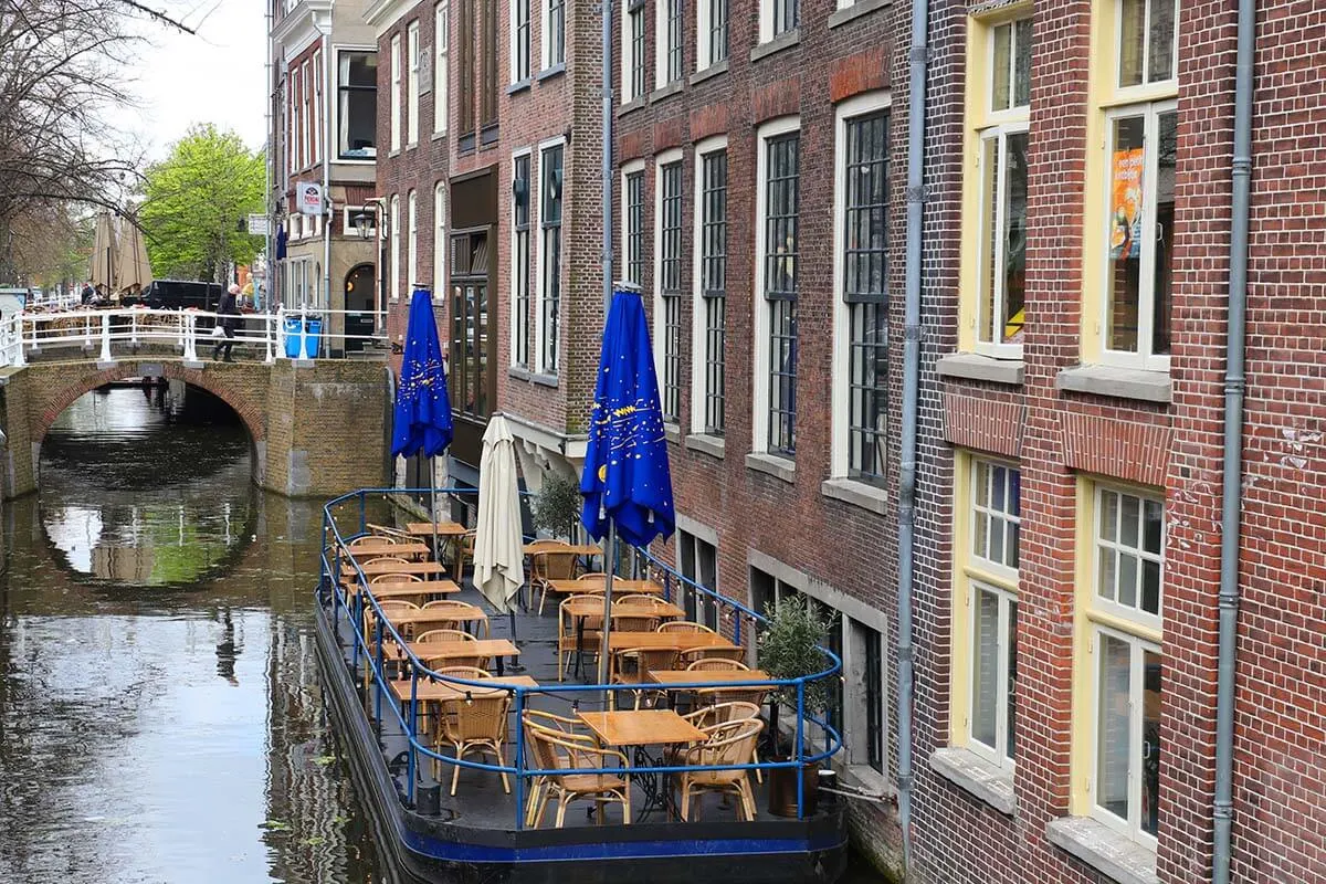 Floating restaurant on a canal in Delft Netherlands