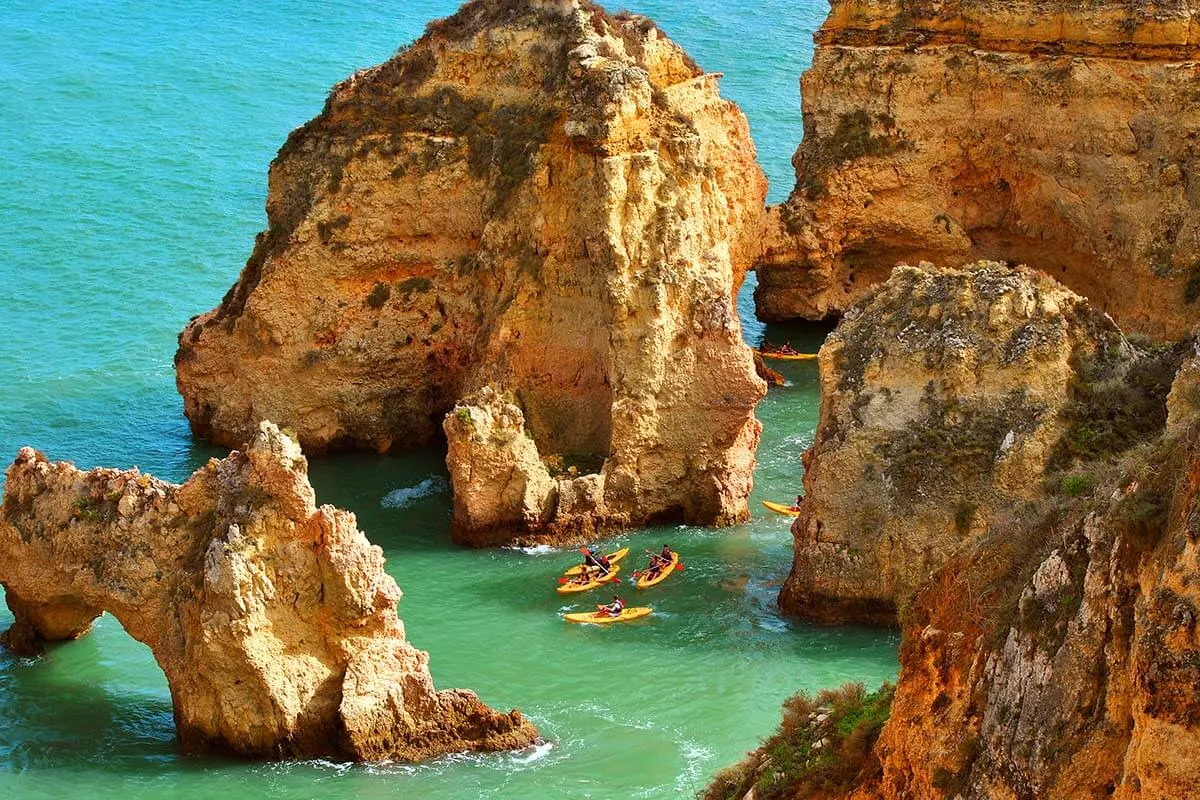 Kayaks at Ponta da Piedade in Lagos - one of the nicest places for kayaking in Algarve Portugal