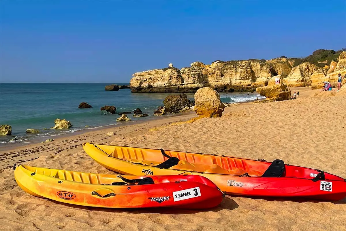 Kayaks on Sao Rafael Beach in Albufeira, Portugal