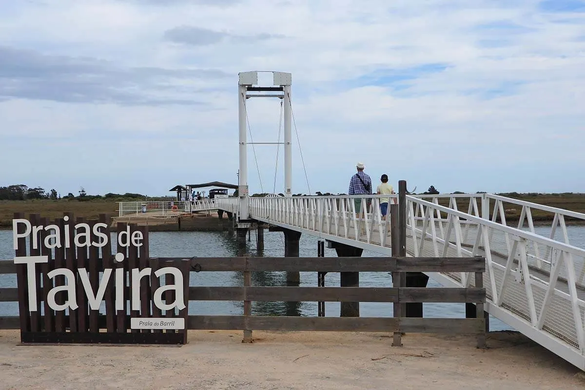 Praia do Barril bridge and Tavira Beaches sign - Algarve Portugal