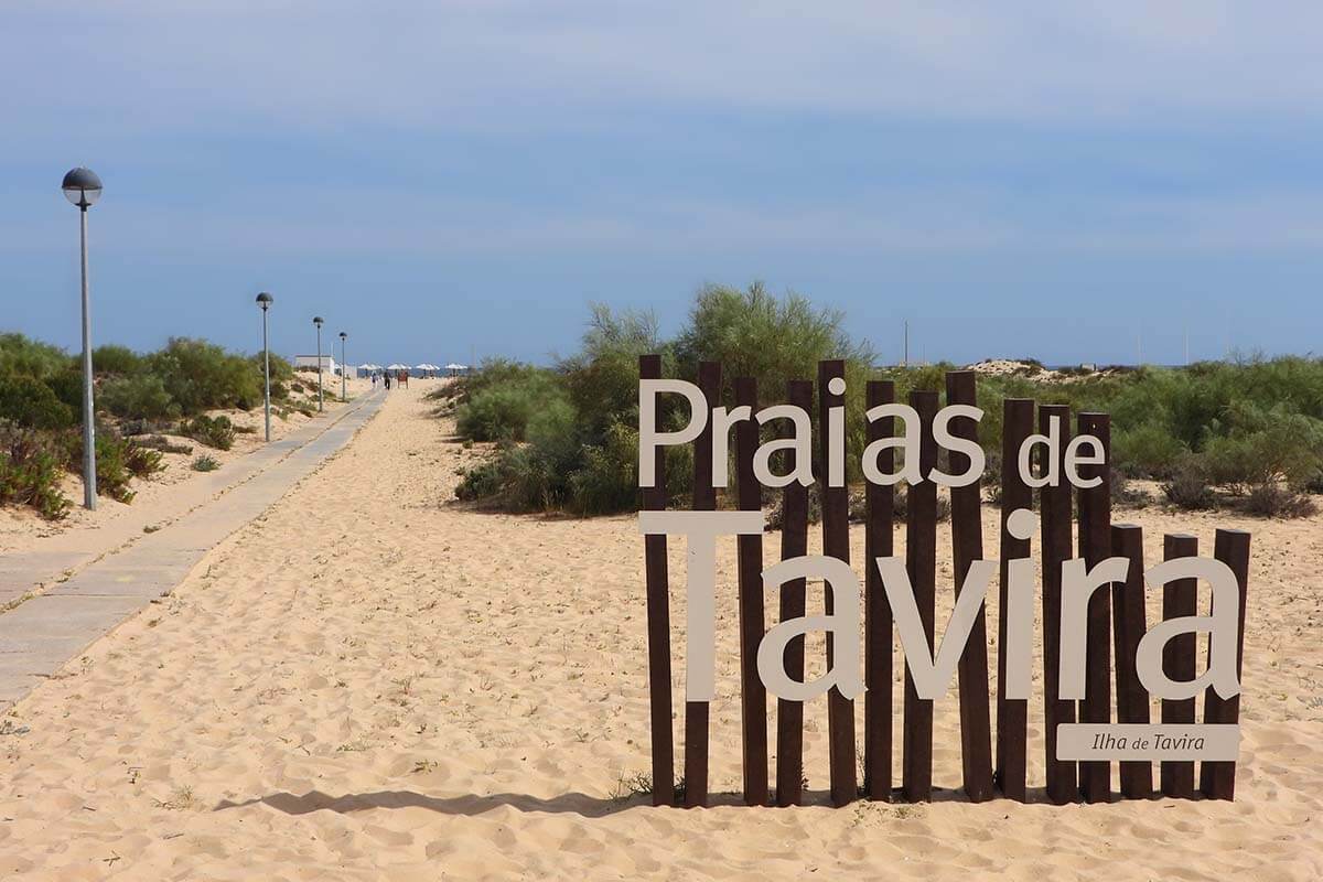 Praias de Tavira sign on Tavira Island in Portugal