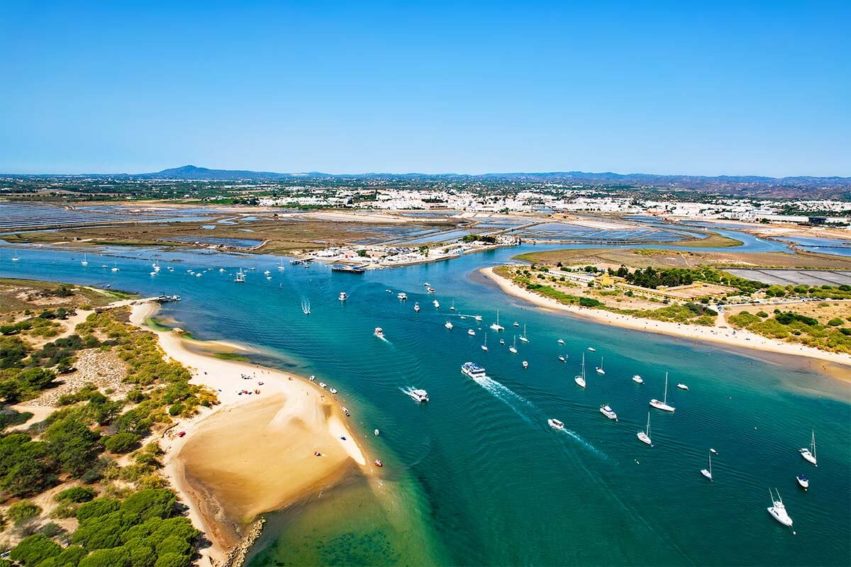 Aerial view of Ria Formosa Nature Park in eastern Algarve.