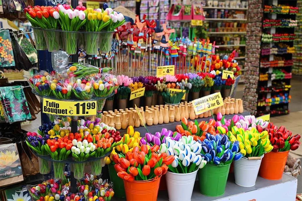 Amsterdam flower market - souvenirs and colorful wooden tulips for sale
