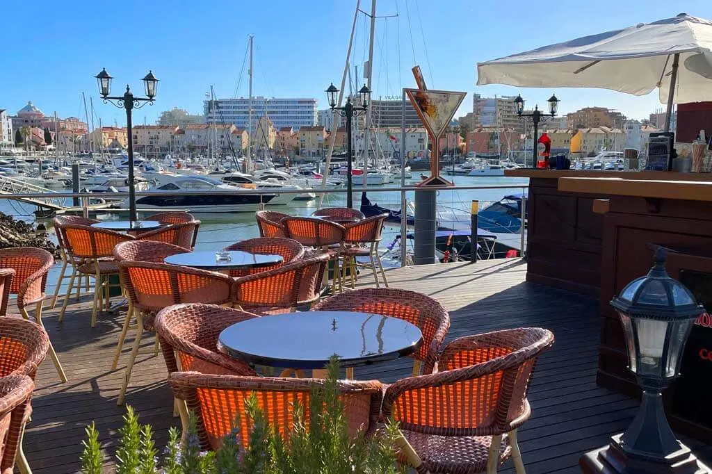 Empty cafes on Vilamoura Marina at the end of November