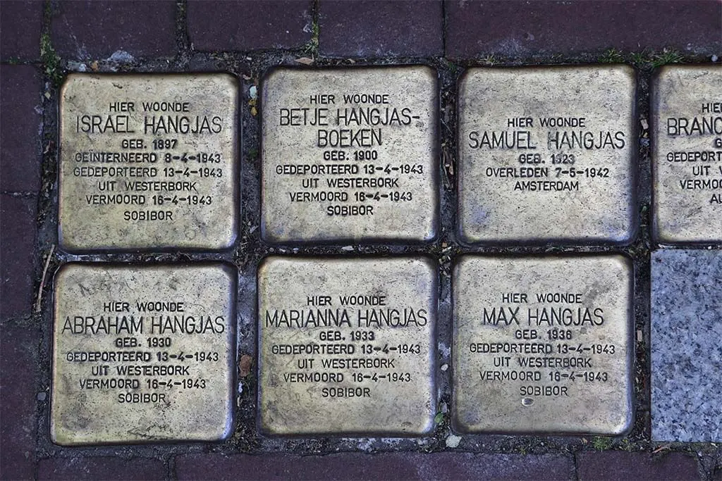 Jewish names on Stolpersteine stumbling stones in Amsterdam