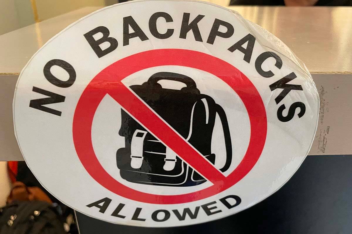 No backpacks allowed sign at a museum in Amsterdam