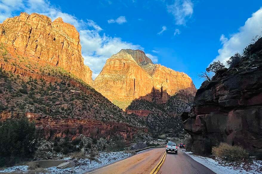 Zion National Park scenic road in winter.