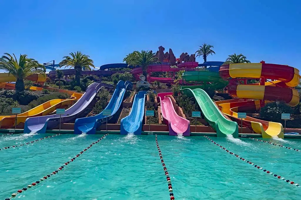 Colorful water slides at Slide and Splash theme park in Algarve Portugal