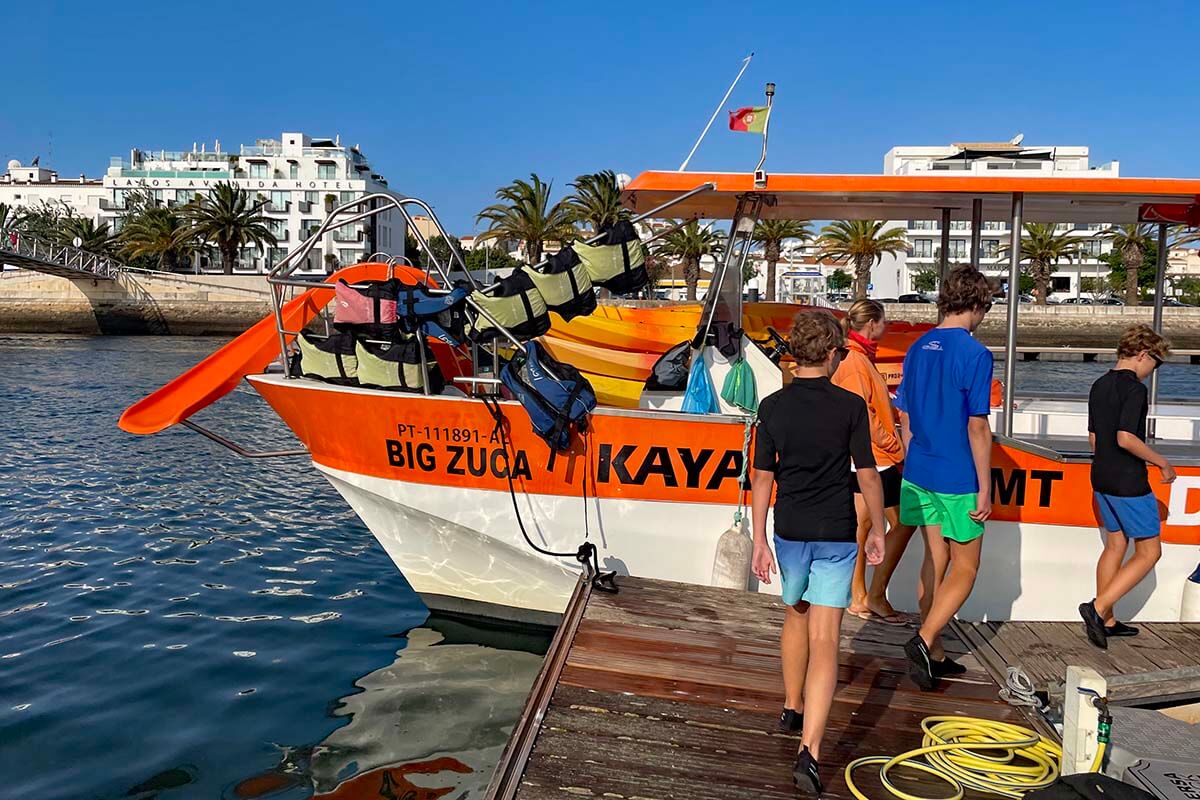 Embarking the kayak boat at Lagos Marina (Algarve Portugal)