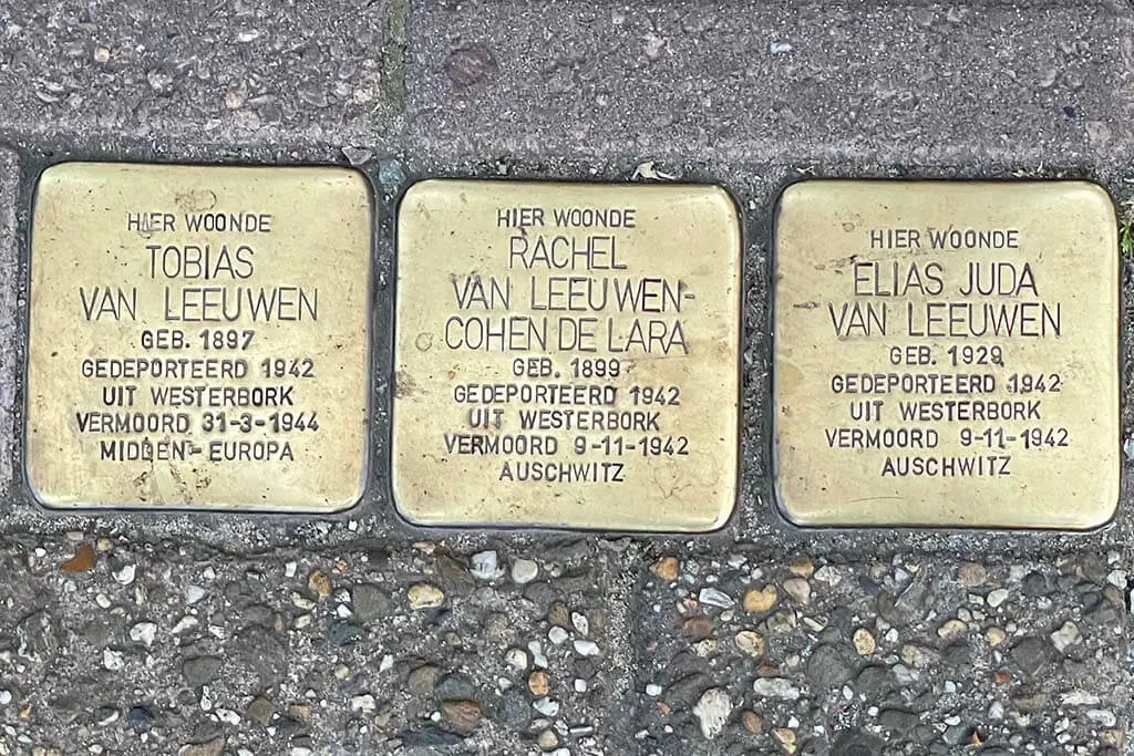 Stolpersteine stumbling stones with names of Jewish holocaust victims in Amsterdam