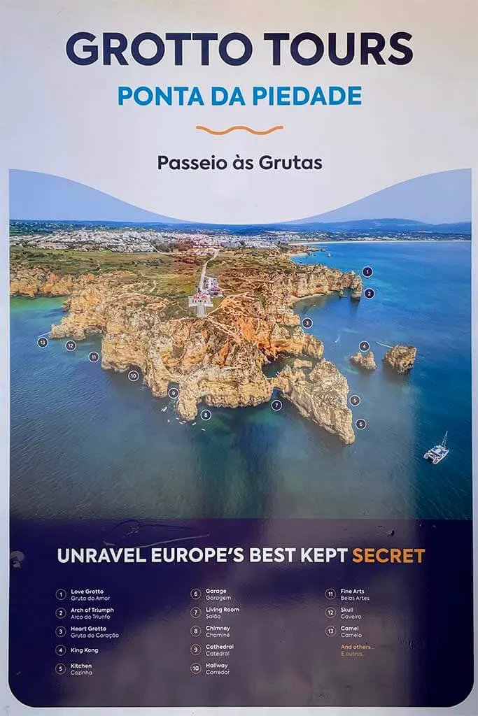 Map of Ponta da Piedade grotto tours in Lagos Portugal