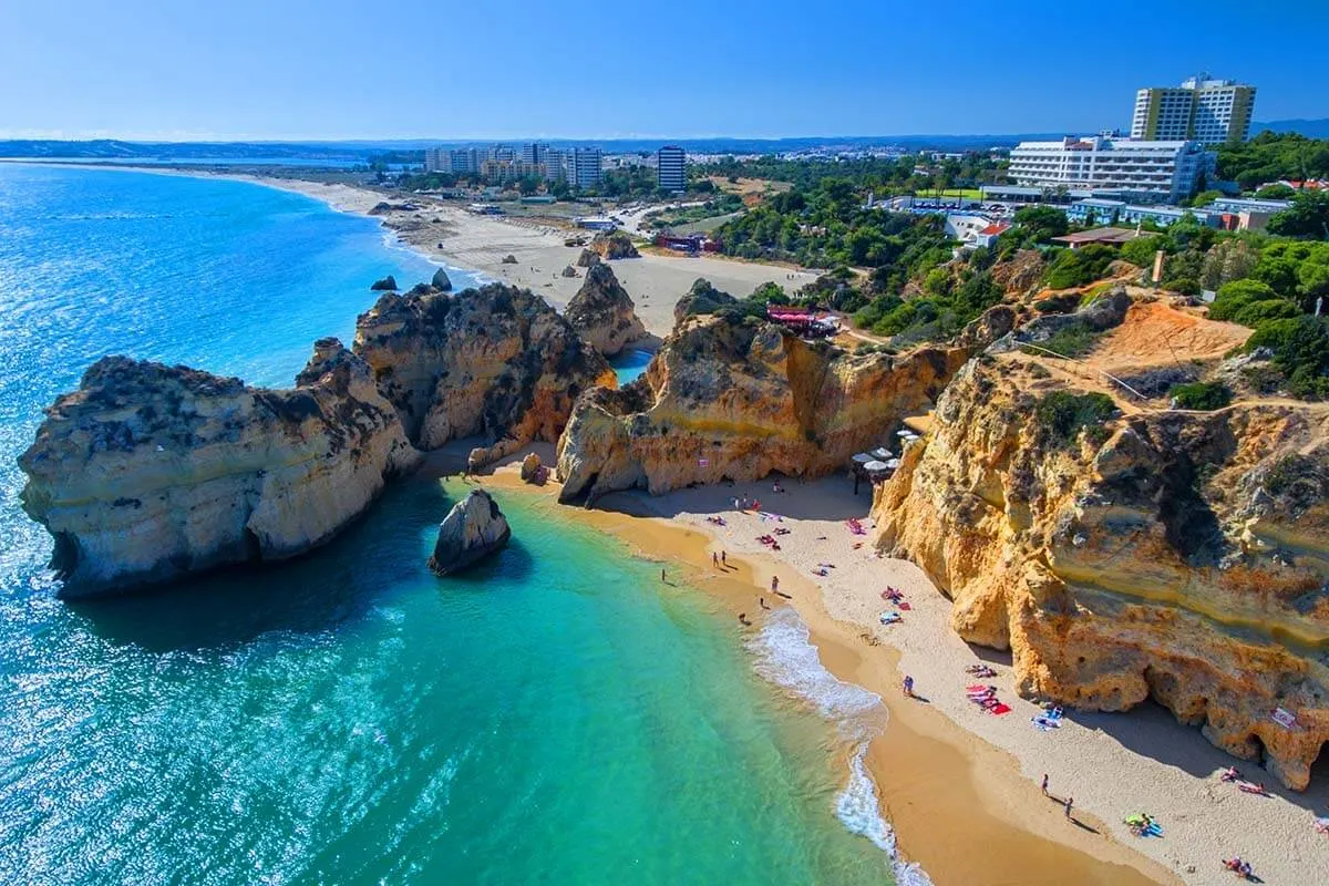 Alvor town and Praia Tres Irmaos aerial view - Algarve Portugal