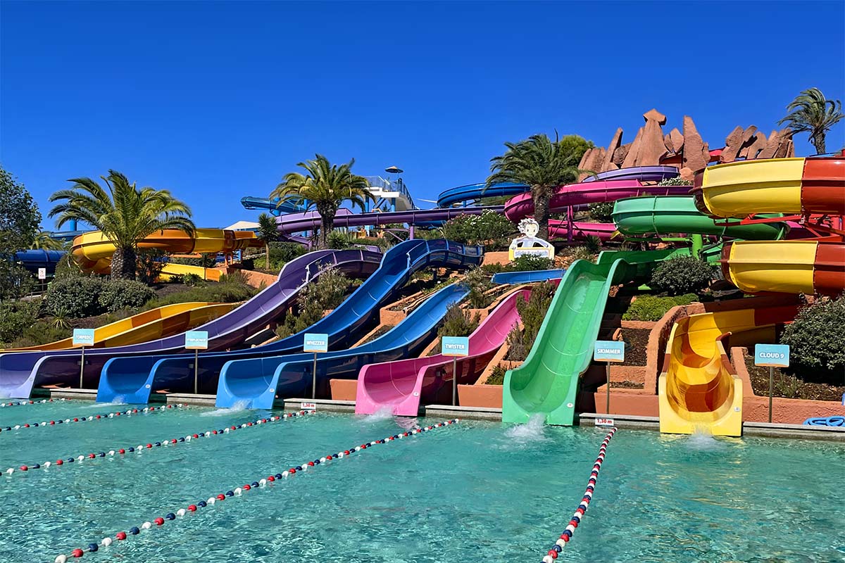 Colorful water slides at Slide & Splash water park Algarve