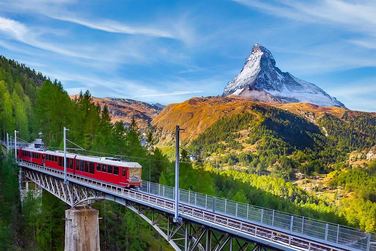Gornergrat scenic railway and the Matterhorn in Zermatt Switzerland